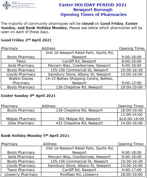 Pharmacies open over Easter holiday